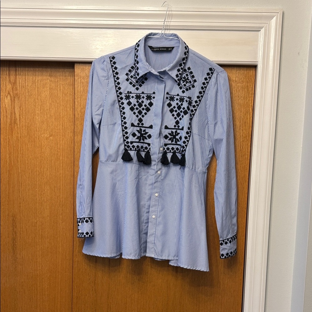 ZARA Blue Embroidered Button-Up Shirt